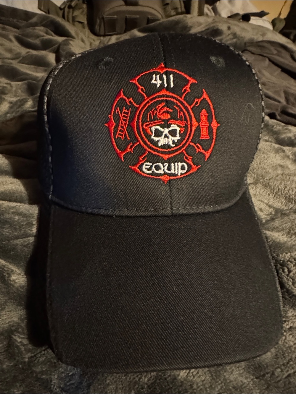 411 Fire Trucks Skull Logo Baseball Cap - Red Accent